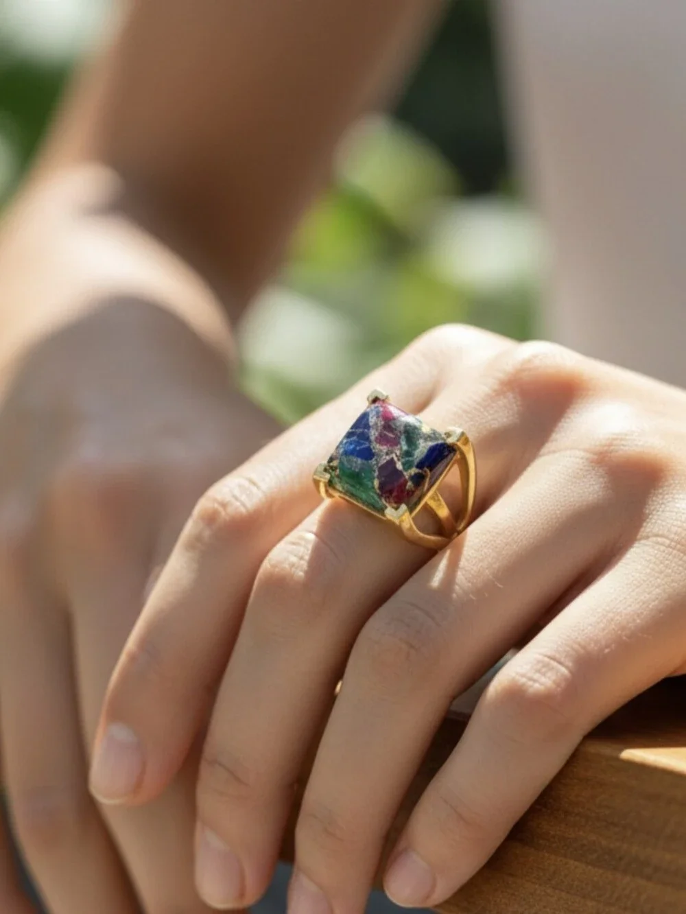 18k Gold Plated Artisan Mohave Turquoise Statement Ring
